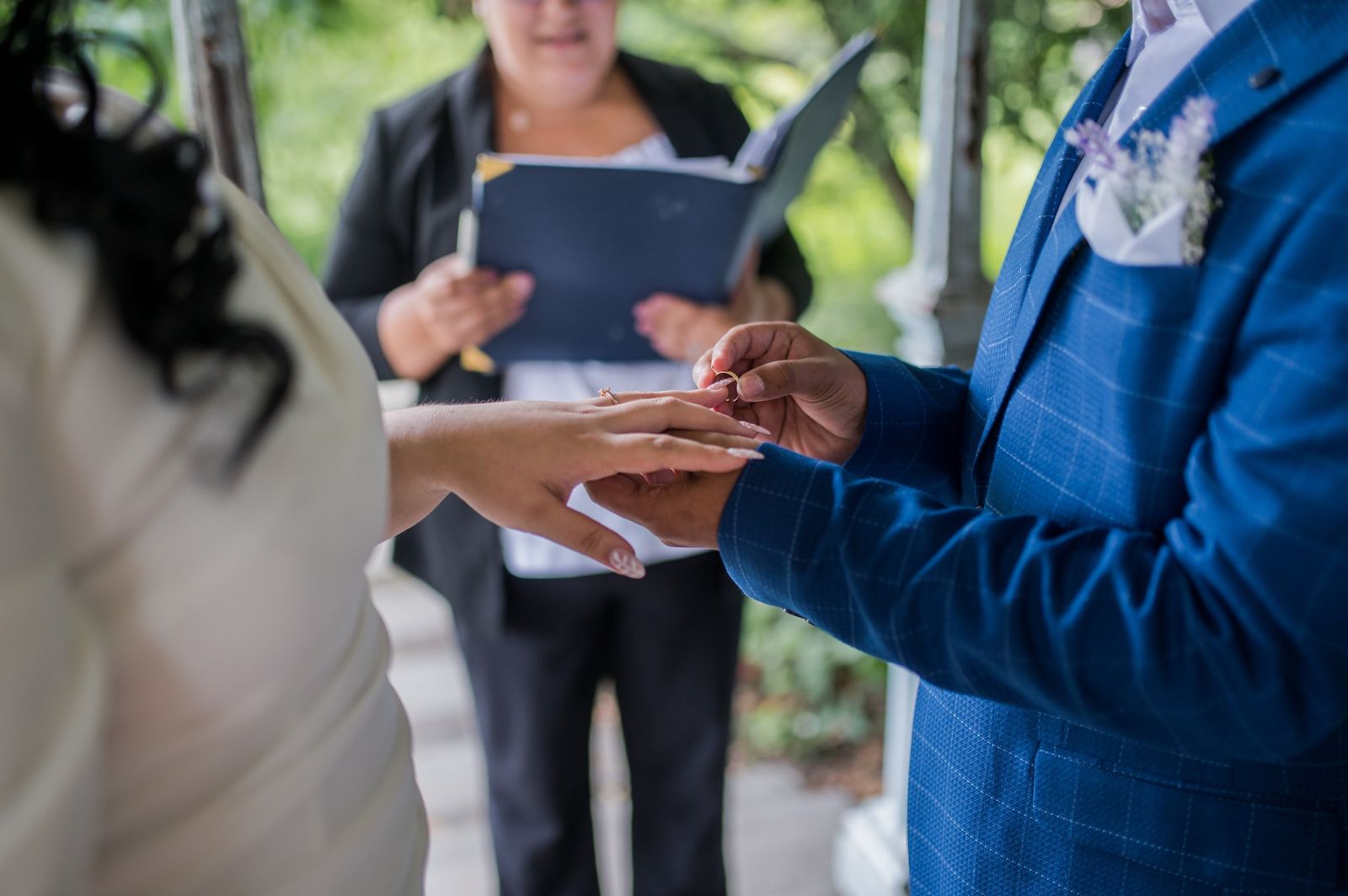 The ring exchange, with the officiant's script in hand