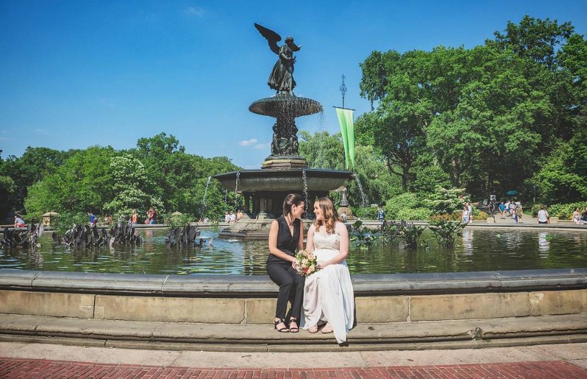 Two brides by Bethesda Fountain - Central Park Wedding - New York City