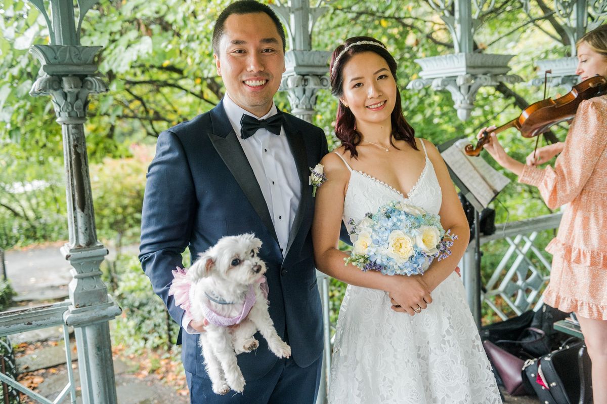 Couple posing with their dressed-up dog at Ladies Pavilion - Central Park Wedding - New York City