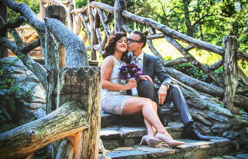 Kiss on the rustic steps at Shakespeare Garden - Central Park Wedding - New York City